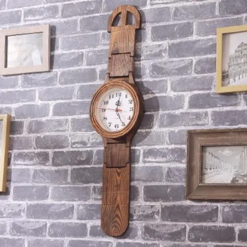 Reloj Madera Diseño Pulsera Vintage De Pared 66 Cm Estructura Café Fondo Blanco