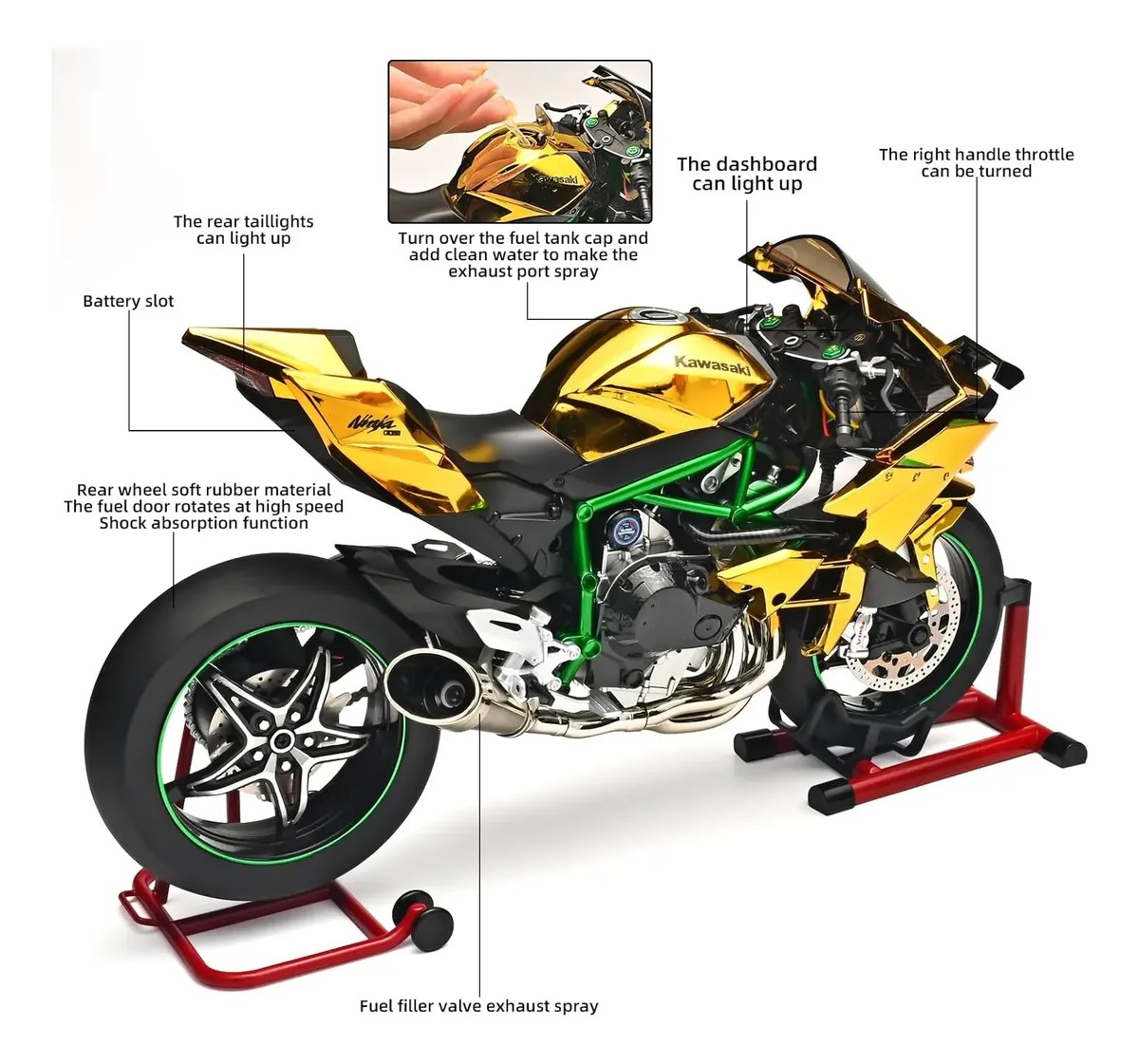 Motocicleta Fundida Por Inyección 1:6 Escala Para Kawasaki H Negro - Imagen 4